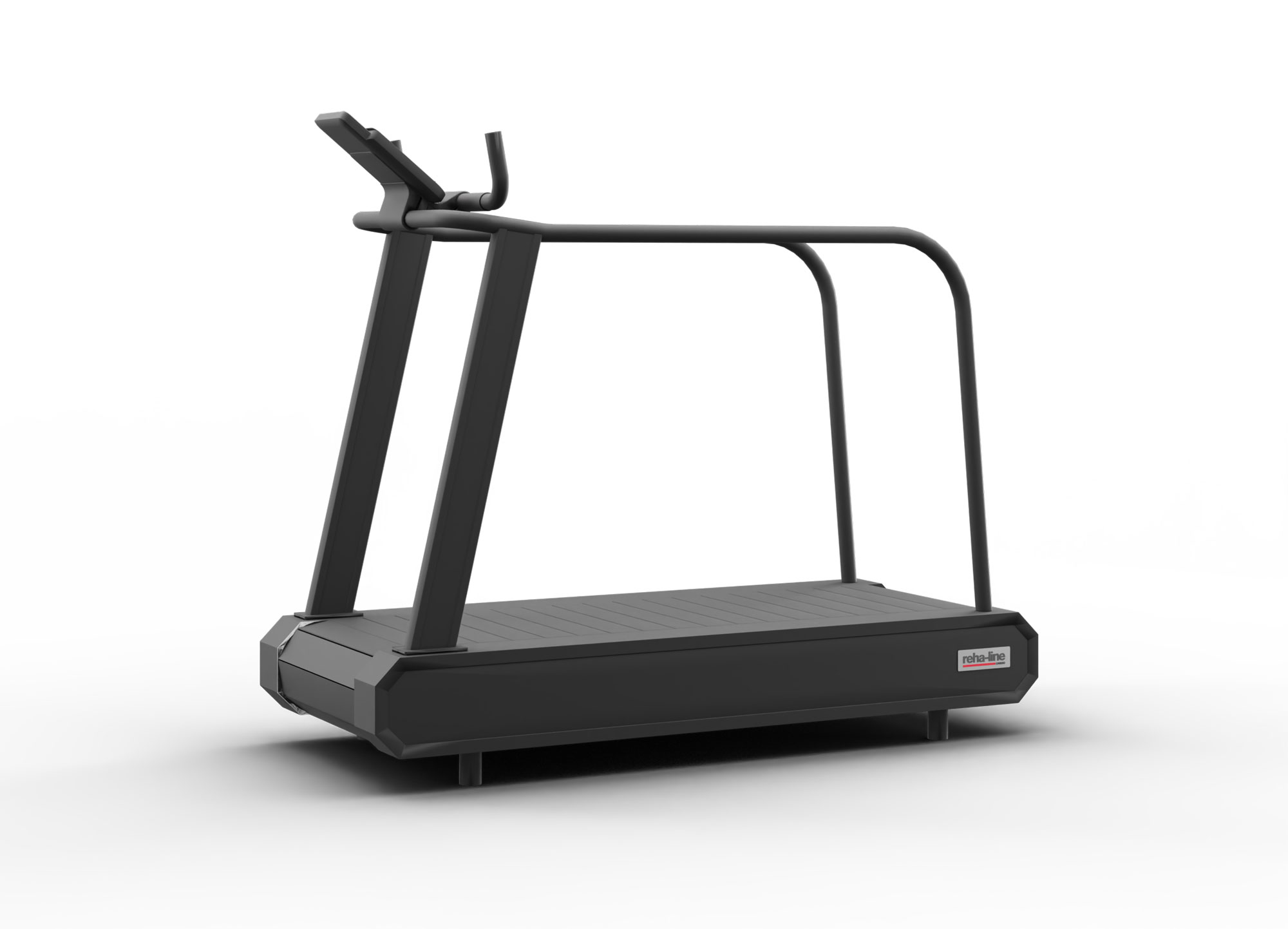 Ein dunkel anthrazit farbenes Laufband der Marke reha-line cardio.