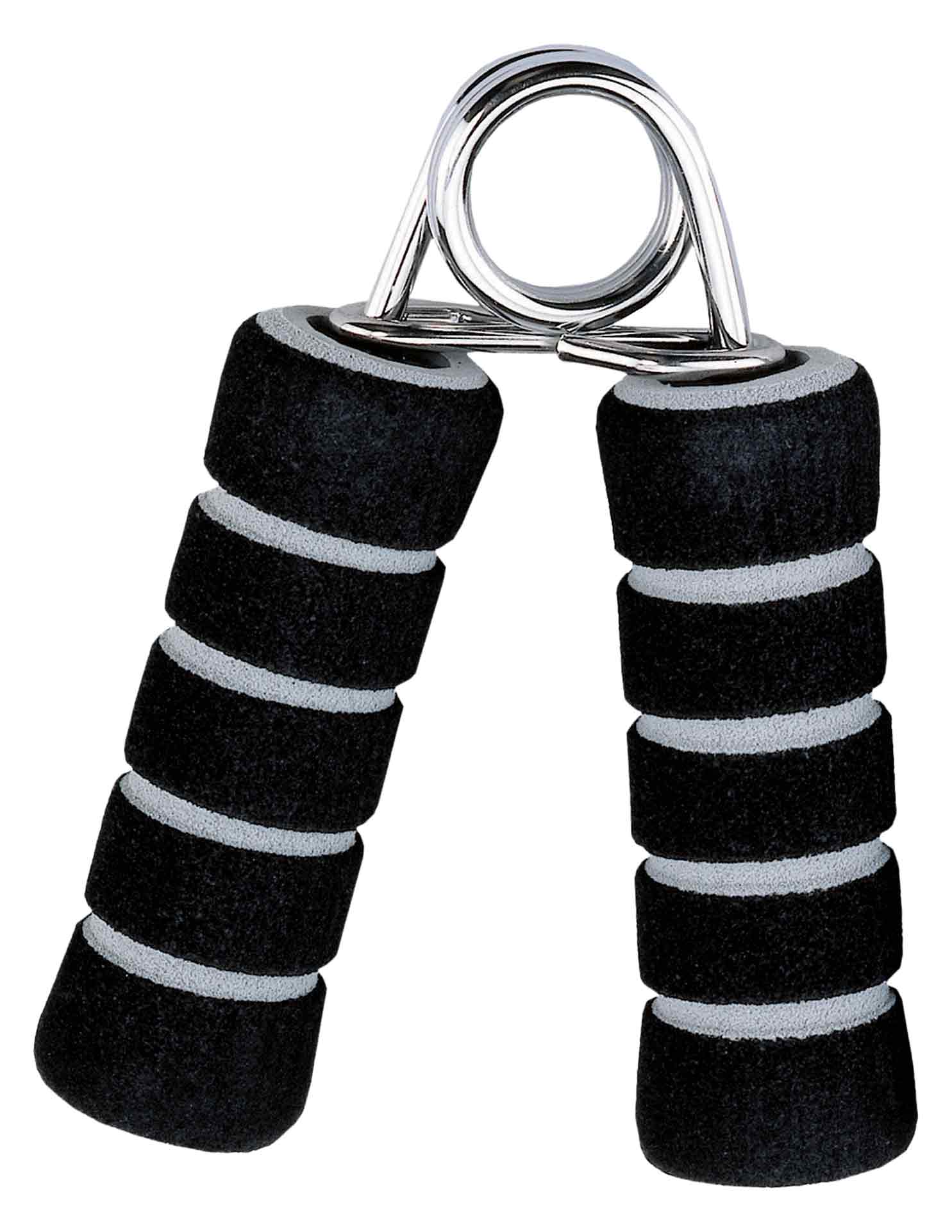Ein Federgriff mit schwarz silbern gestreiften Schaumstoffgriffen.