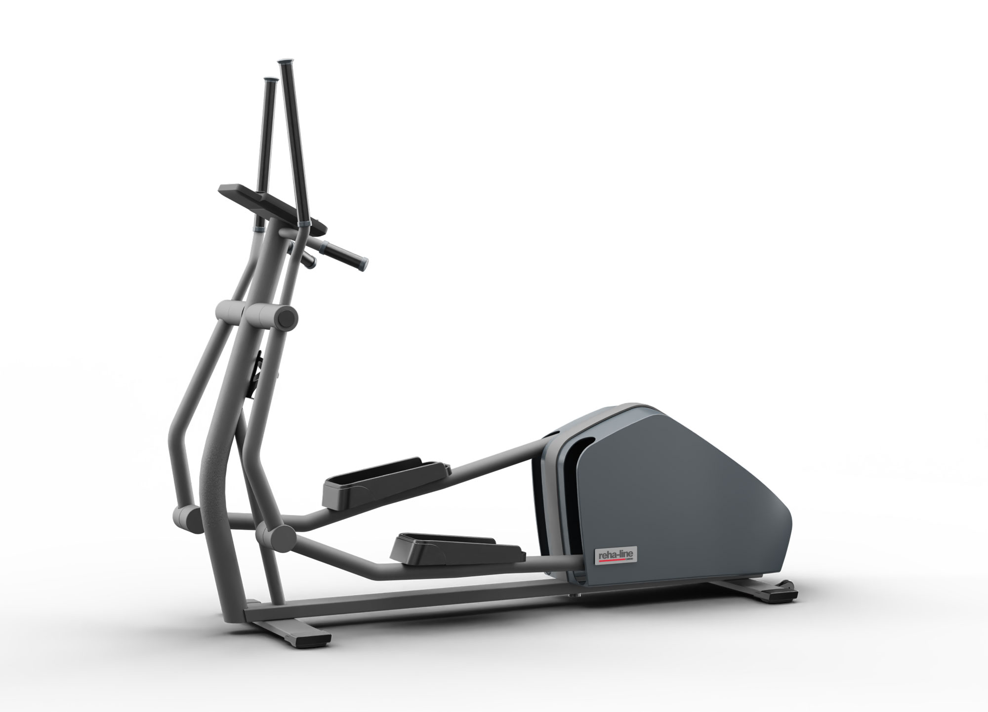 Ein dunkel anthrazit farbener Crosstrainer der Marke reha-line cardio.