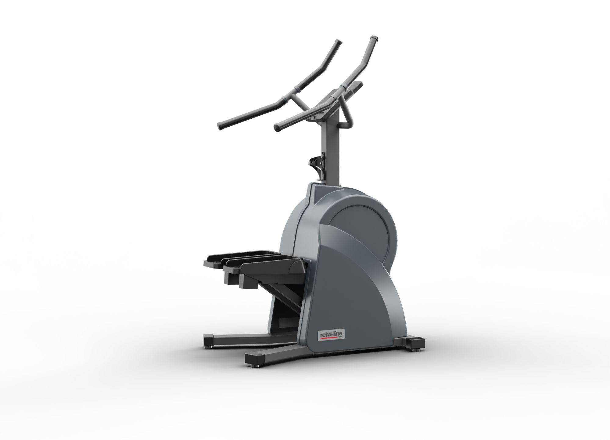 Ein dunkel anthrazit farbener Stepper der Marke reha-line cardio.