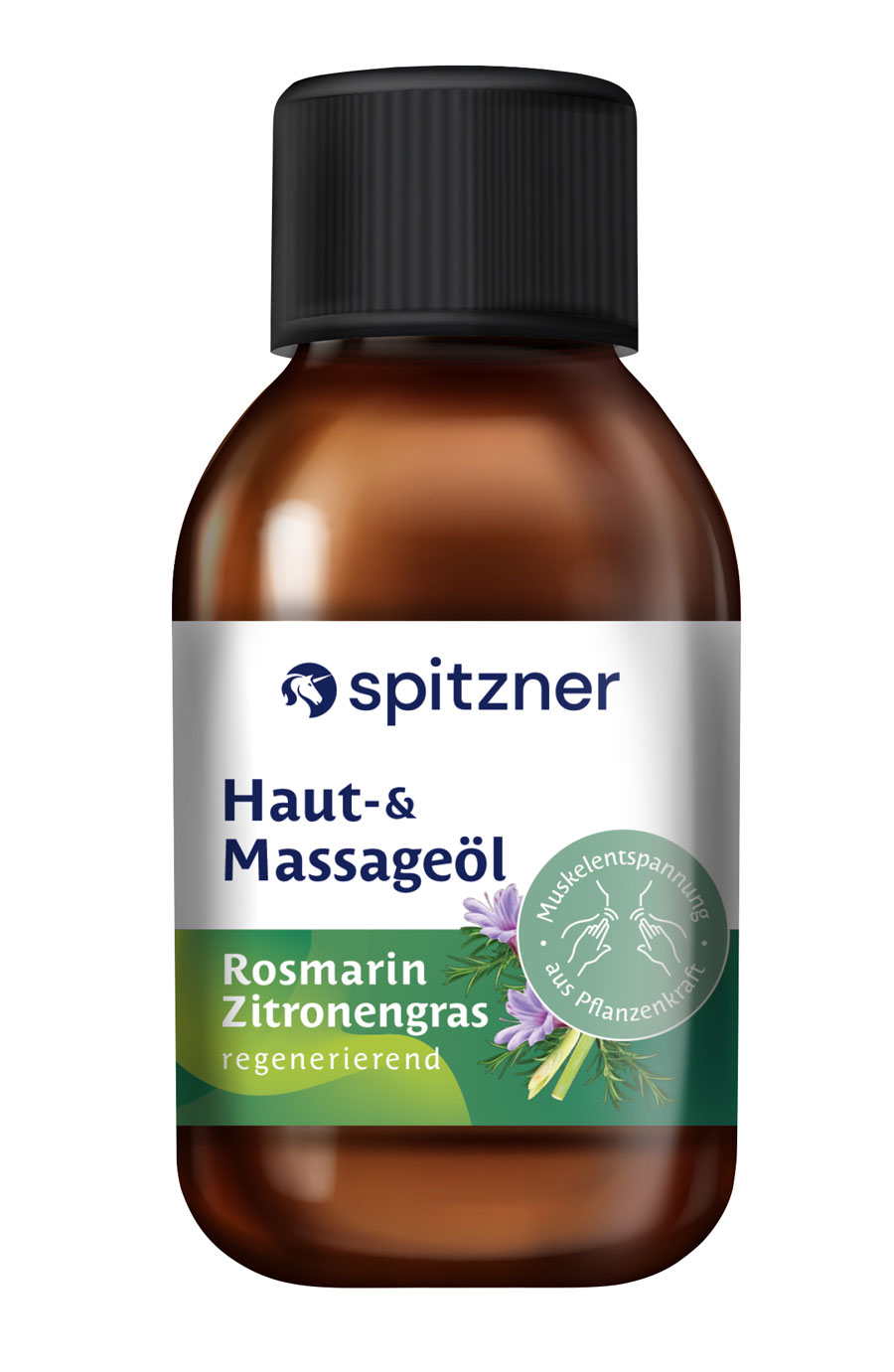 Eine braune Glasflasche mit grünem Ettiket mit Massageöl der Marke Spitzner.