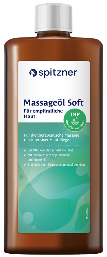 Eine weiße Plastikflasche mit grünem Etikett, gefüllt mit 1 Liter Massageöl soft der Marke Spitzner.