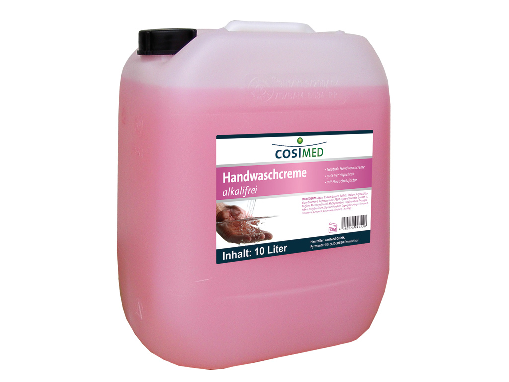 Ein transparenter Plastikkanister gefüllt mit rosaner, alkalifreier Handwaschcreme der Marke cosiMed.