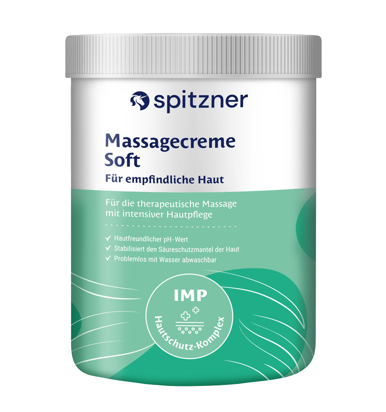 Eine weiße Plastik Dose mit grünem Etikett, gefüllt mit 1 Liter Massagecreme soft der Marke Spitzner.