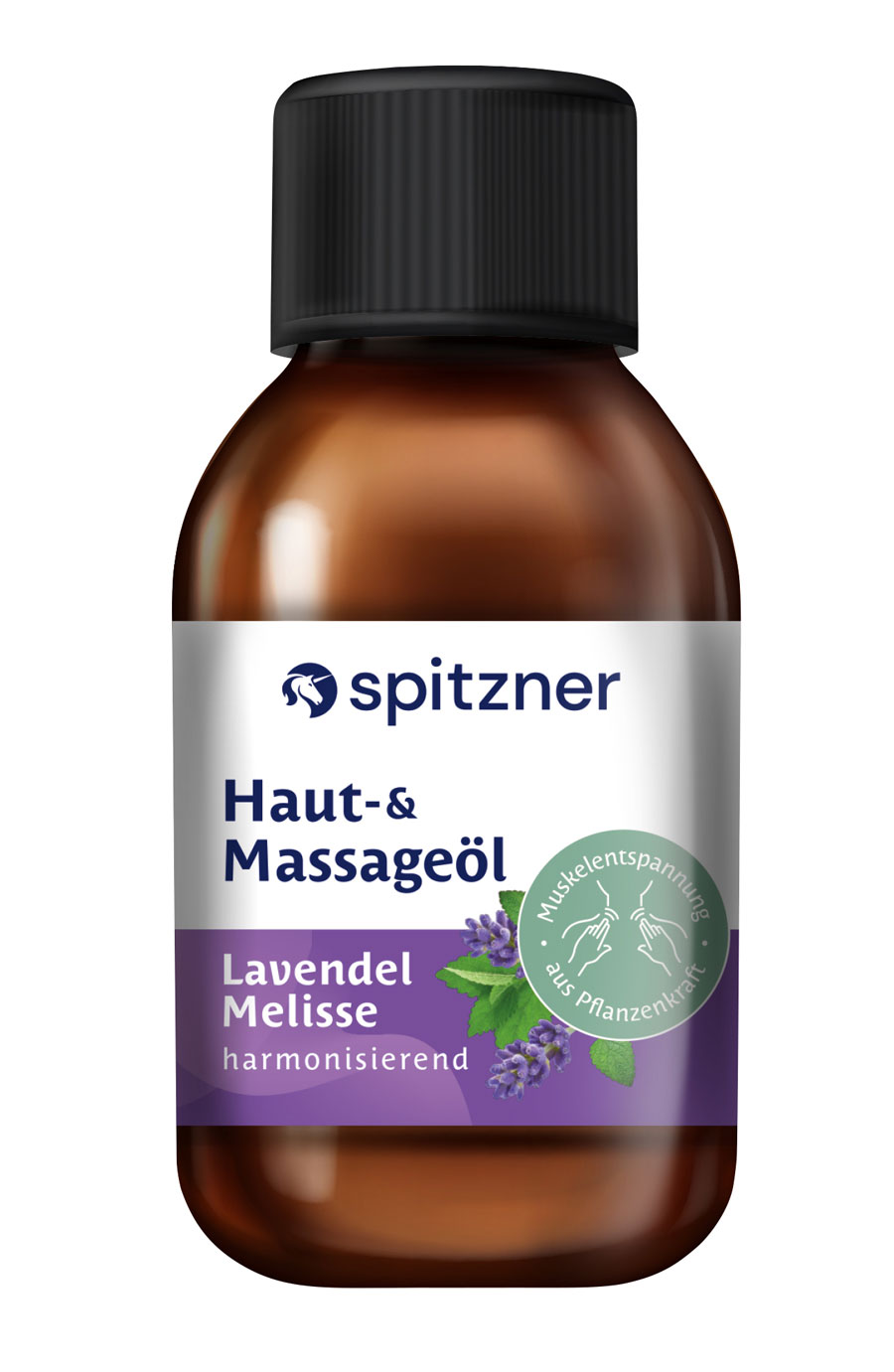 Eine braune Glasflasche mit lilanem Ettiket mit Massageöl der Marke Spitzner.