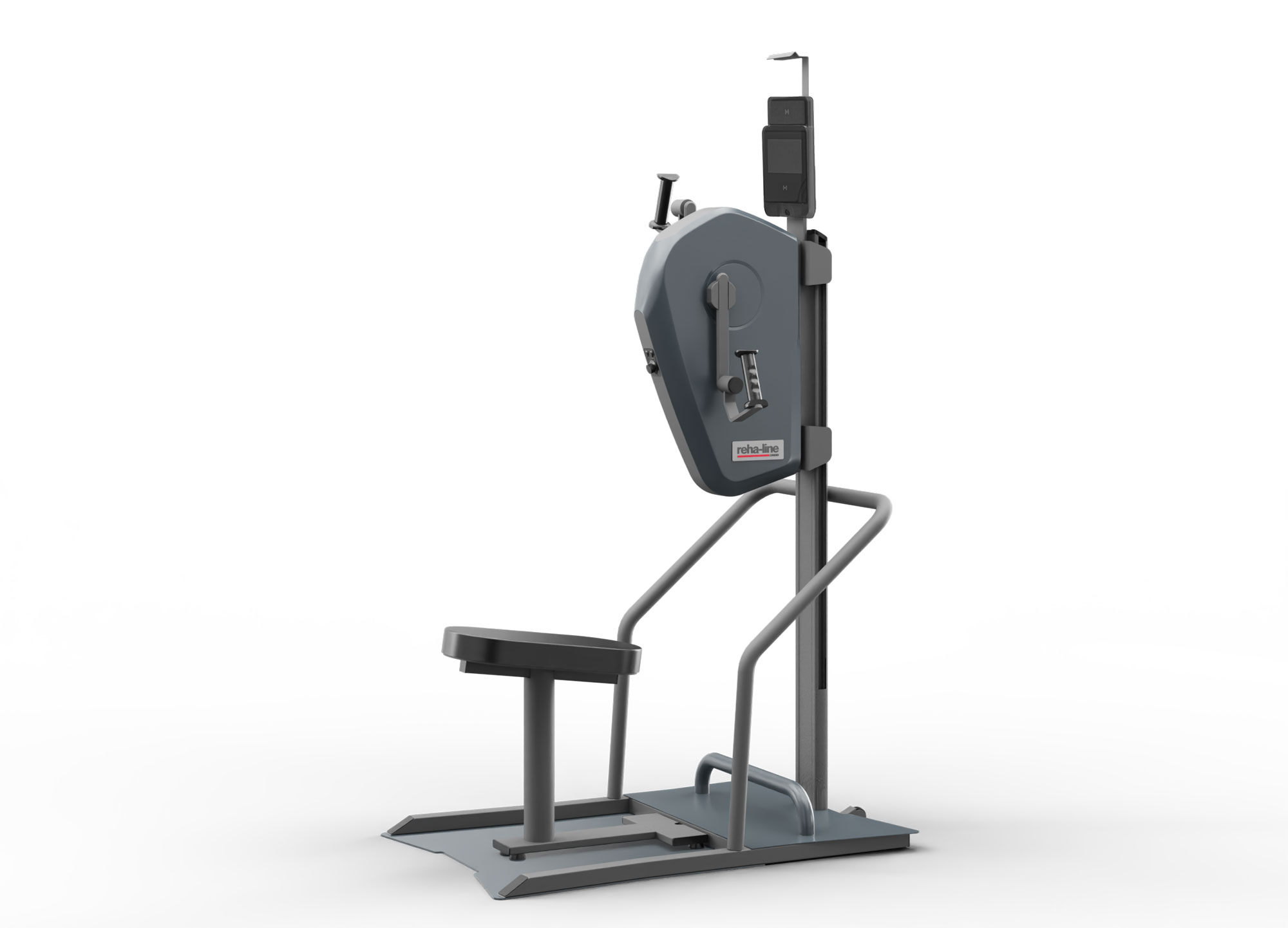 Ein dunkel anthrazit farbener Oberkörperergometer der Marke reha-line cardio.