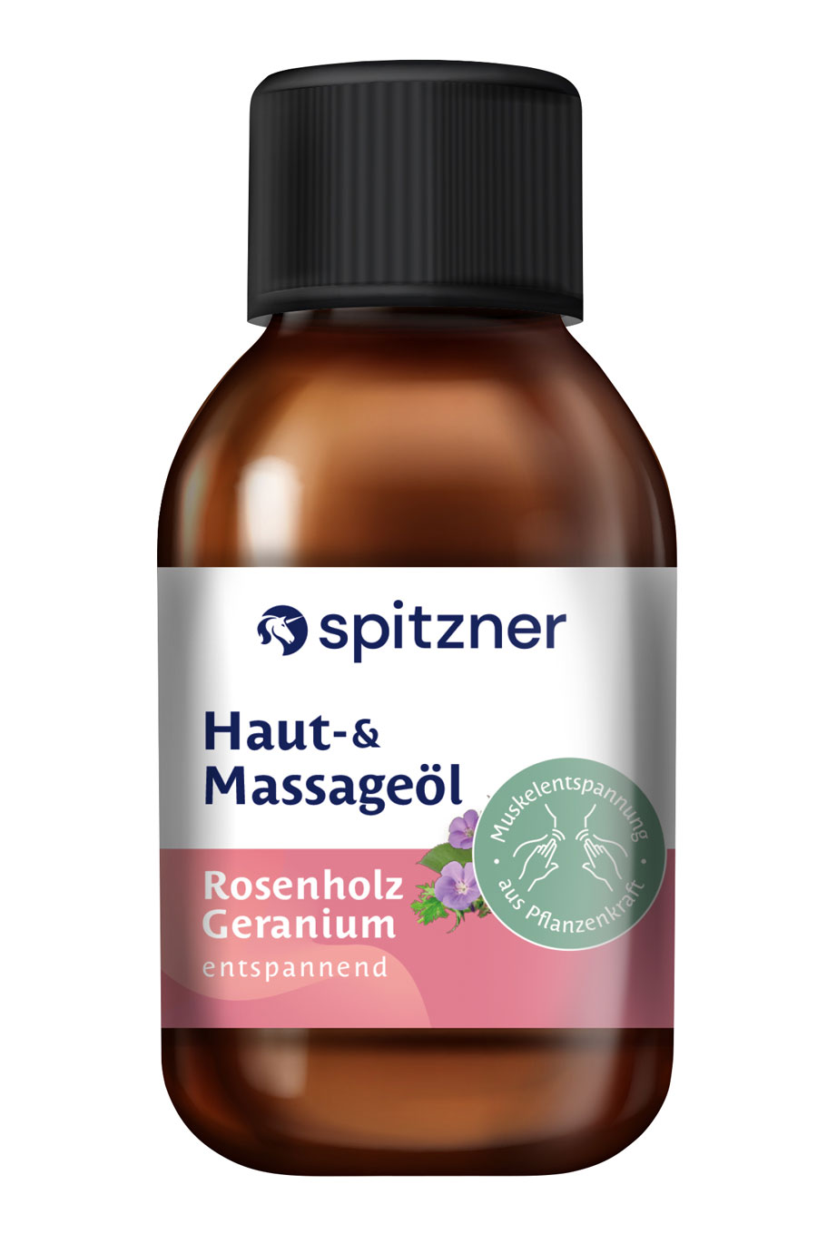 Eine braune Glasflasche mit rosanem Ettiket mit Massageöl der Marke Spitzner.